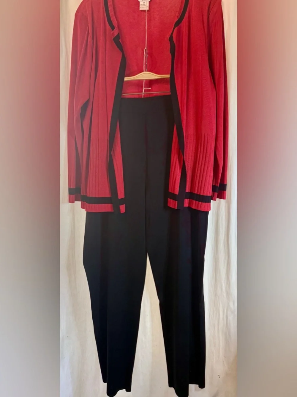 Misook Black Dress Trousers and Matching Red and Black Cardigan